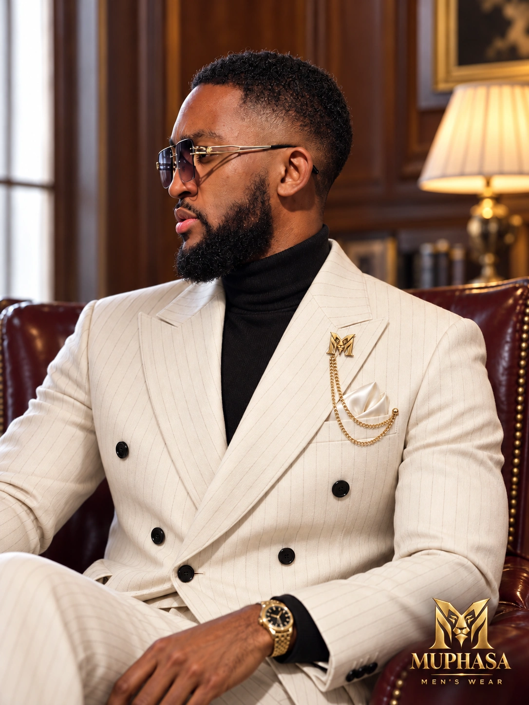 Side portrait in an ivory pinstripe suit with lion M brooch and gold pocket chain