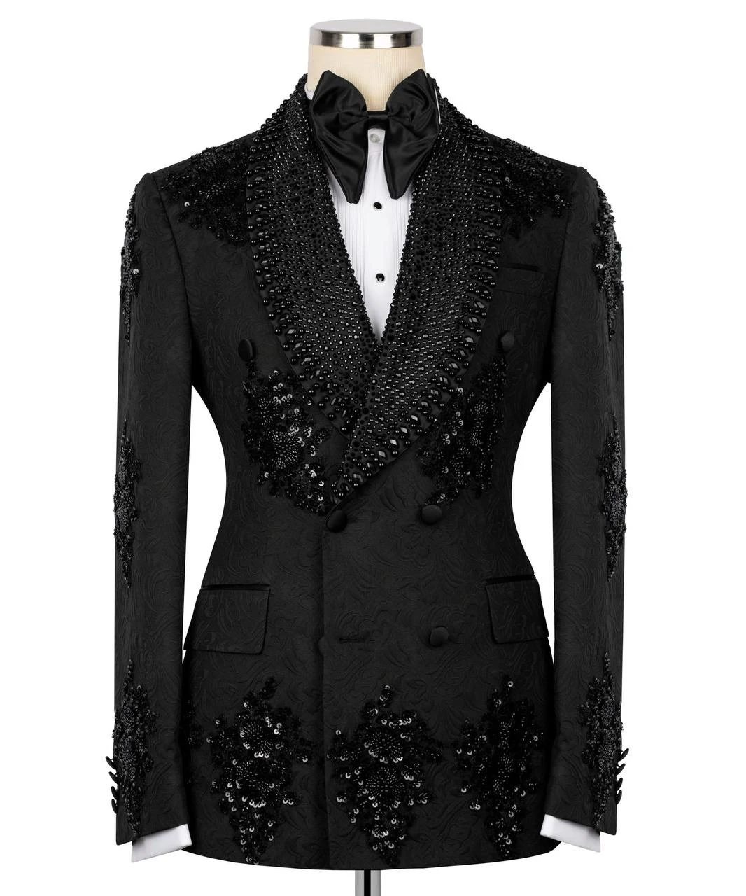 Black jacquard evening jacket with tonal beadwork