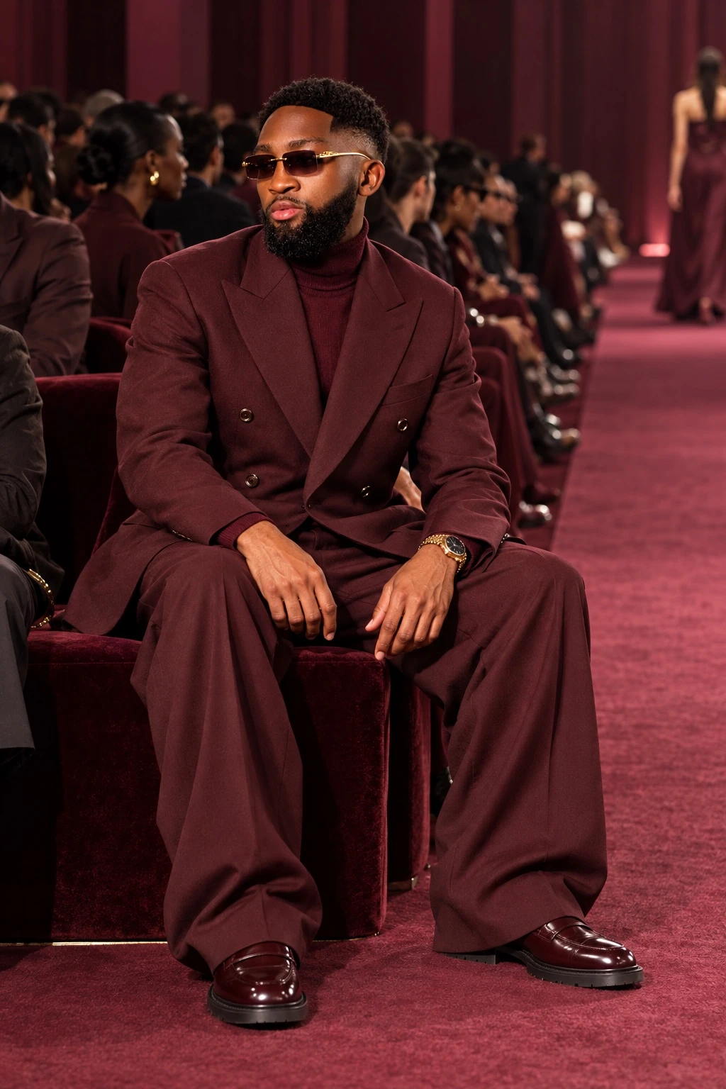 Merveil Boholo seated at a fashion show in a burgundy suit with relaxed wide-leg trousers
